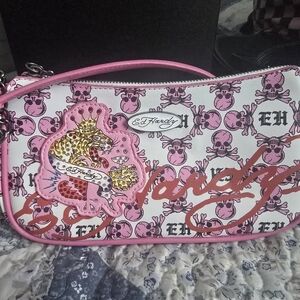 Ed Hardy White and Pink Skull Print Shoulder Bag